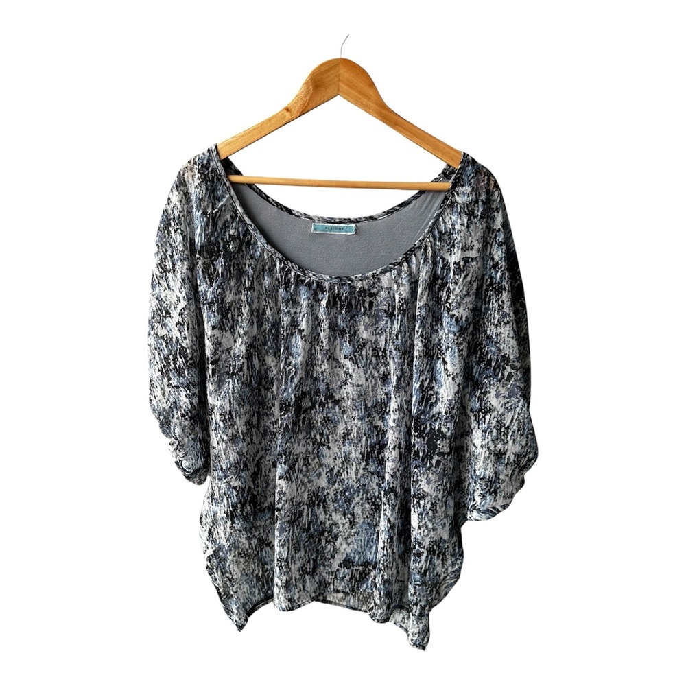 Pleione Blouse Top Blue Abstract Print Scoop Neck Dolman Sleeve Business Large